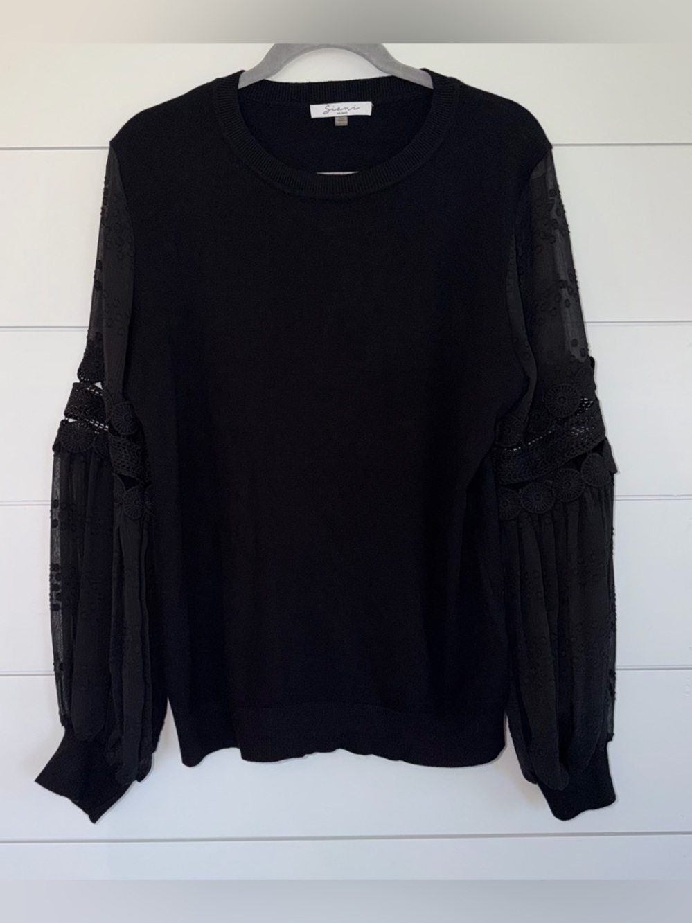 Sioni Siani Milano Black Sweater XL Sheer Lace Crochet Balloon Sleeve Boho Chic